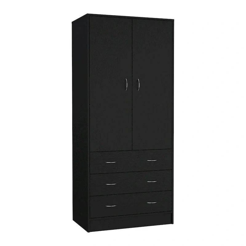 19 Armoire moderne à deux portes avec 3 tiroirs et 1 tringle de penderie pour chambre à coucher