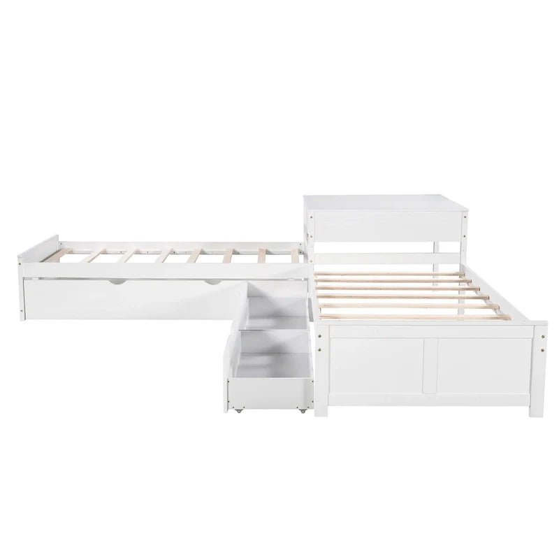 Lit plateforme en L moderne blanc de taille double avec lit gigogne et tiroirs pour chambre à coucher