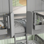 Lit superposé cabane jumeau sur jumeau avec toit, fenêtre, jardinière, porte, barrières de sécurité et échelle, gris