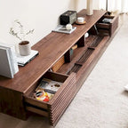 Meuble TV minimaliste avec tiroirsConsole multimédia en bois massif avec placards, porte abattante, placage noyer, entièrement assemblé