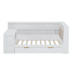 Canapé-lit d'angle en bois en forme de L avec bureau, bibliothèque, lit d'angle avec tiroirs de rangement, tête de lit rembourrée et éclairage intégré