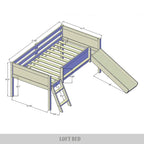 Lit mezzanine bas classique double CraftPorch avec tableau noir, toboggan et échelle