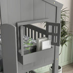 Lit superposé cabane jumeau sur jumeau avec toit, fenêtre, jardinière, porte, barrières de sécurité et échelle, gris
