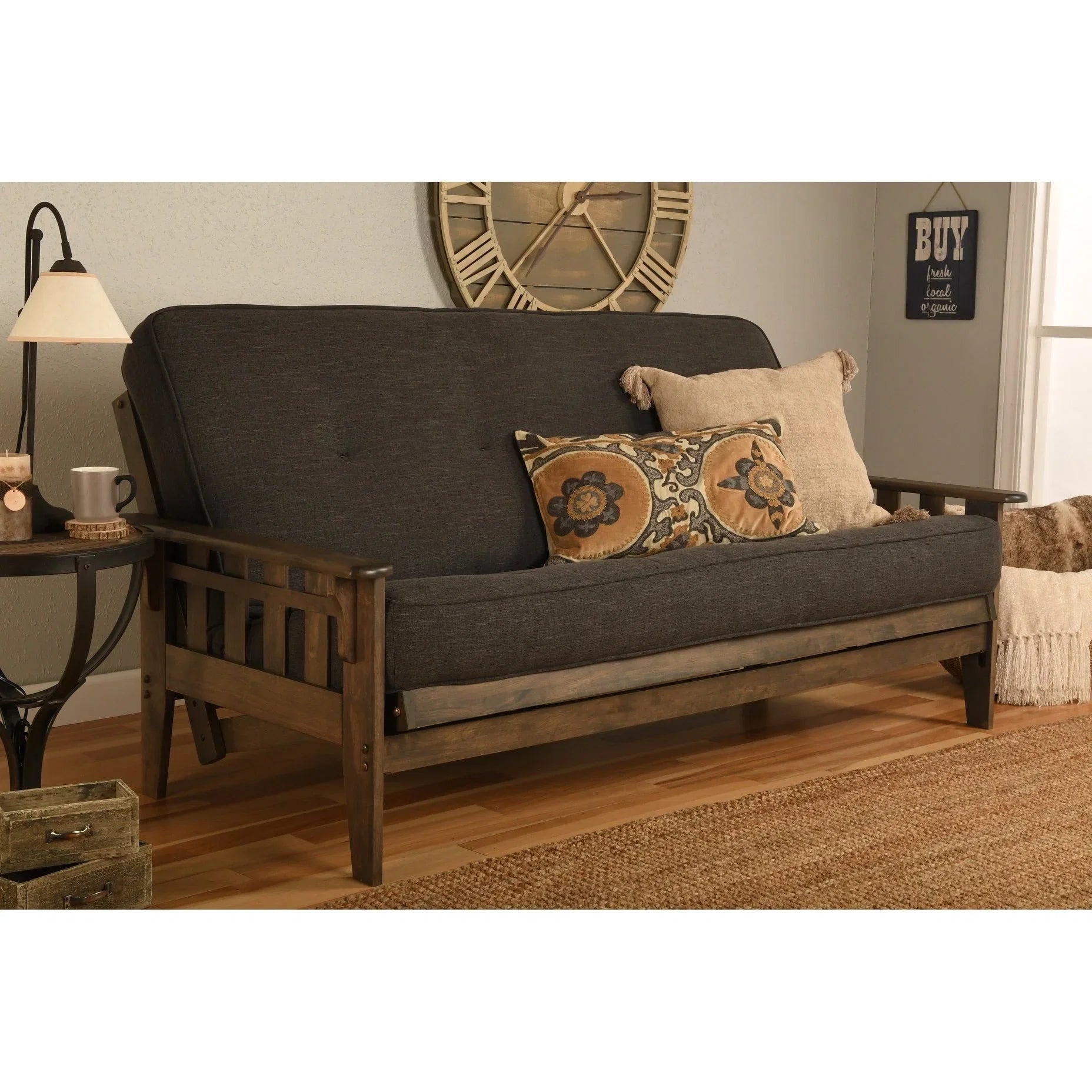 Ensemble futon rustique en noyer grand format avec matelas