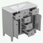 Meuble-lavabo avec vasque en céramique, deux placards et cinq tiroirs
