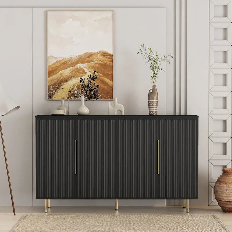 Bahut avec portes décoratives cannelées, buffet en bois avec poignées métalliques, meuble de rangement avec étagères réglables