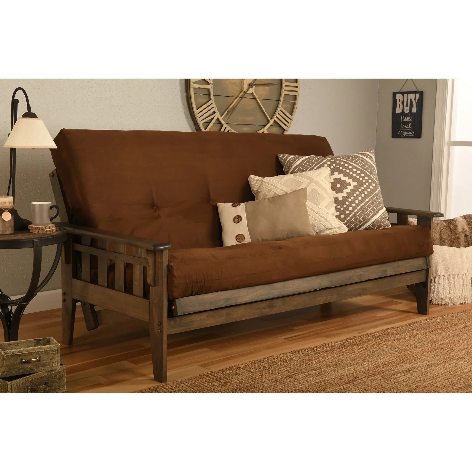 Ensemble futon rustique en noyer grand format avec matelas