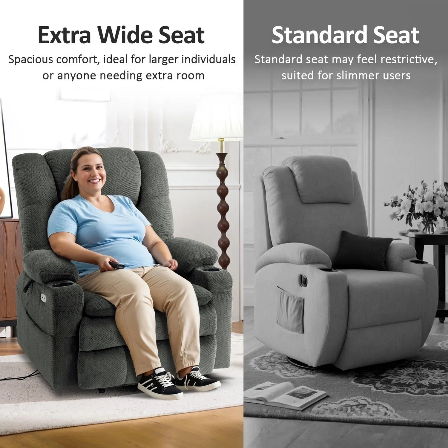 Fauteuil inclinable électrique double moteur grand et large MCombo avec massage et double chauffage pour personnes âgées de grande taille, tissu R7635
