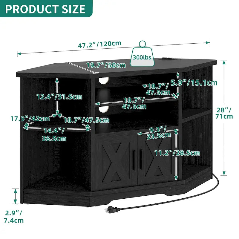 Meuble TV d'angle de ferme, meuble multimédia avec prise de courant pour téléviseurs jusqu'à 55 pouces