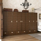 Armoire-penderie marron avec tiroirs, tringle et 4 portes coulissantes