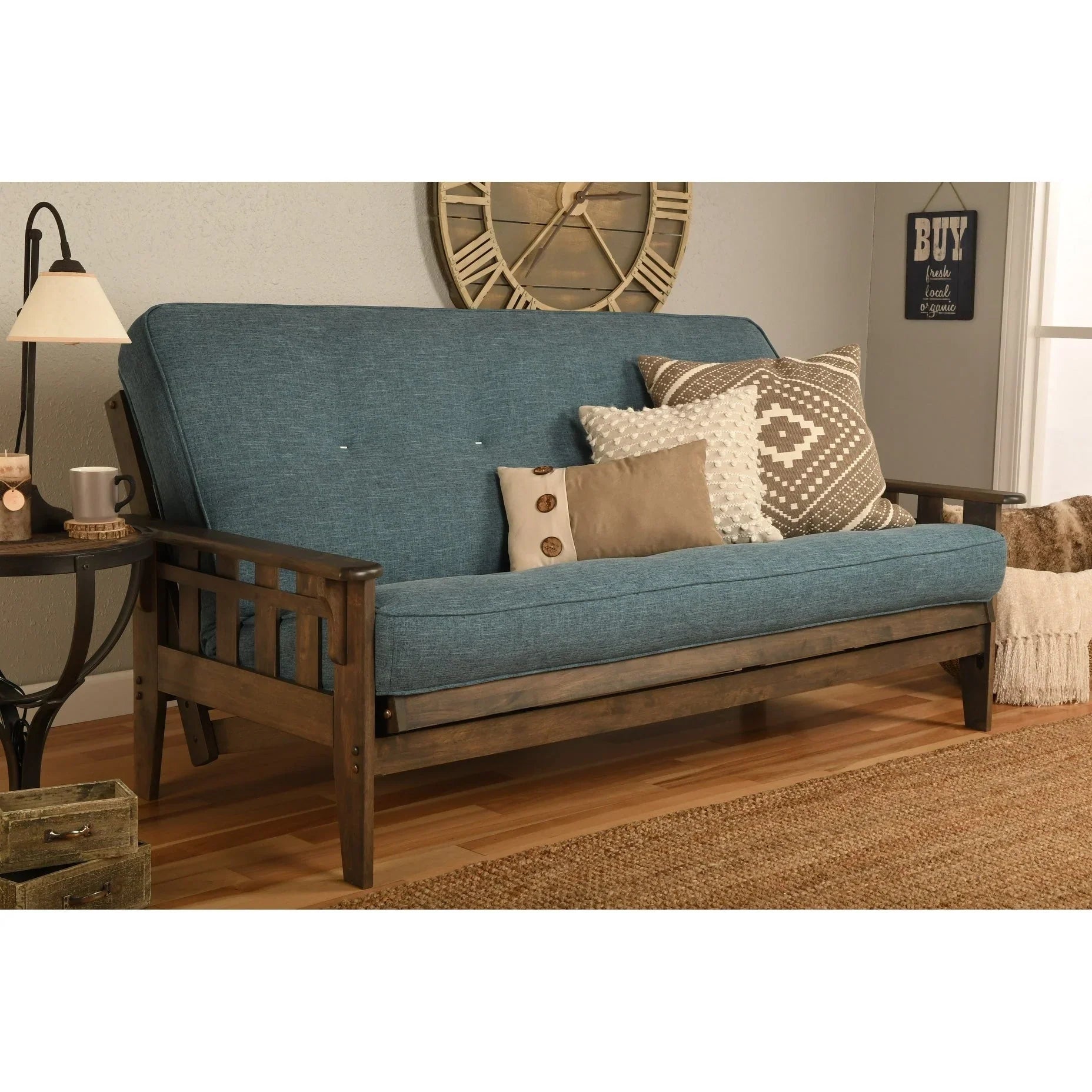 Ensemble futon rustique en noyer grand format avec matelas