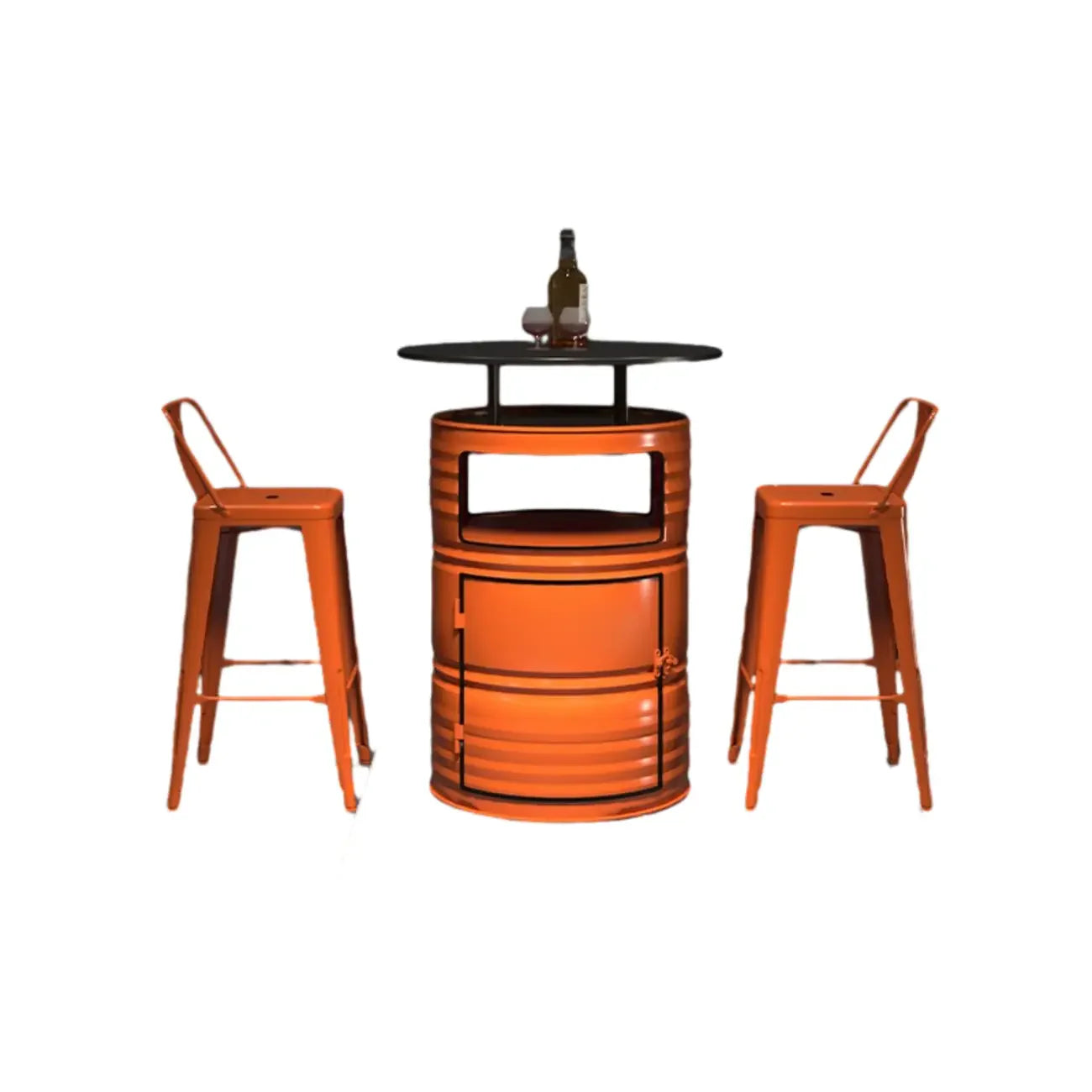 Tables de bar de rangement en fûts métalliques industriels noirs et orange