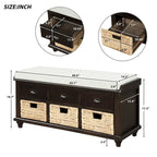 Banc de rangement rustique avec 3 tiroirs et 3 paniers en rotin, banc à chaussures pour salon, entrée