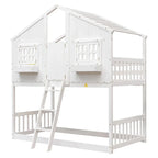 Lit superposé cabane jumeau sur jumeau avec toit, fenêtre, jardinière, porte, barrières de sécurité et échelle, gris