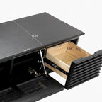 Meuble TV minimaliste avec tiroirsConsole multimédia en bois massif avec placards, porte abattante, placage noyer, entièrement assemblé
