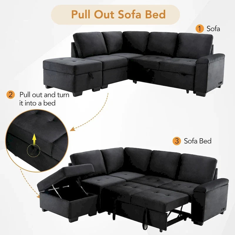 Canapé d'angle convertible 5 places en L 84,75 po avec pouf de rangement, rangement de bras dissimulé et chargement USB pour salon