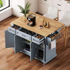54 Grand îlot de cuisine avec plateau rabattable en bois d'hévéa, chariot de cuisine roulant à texture gaufrée sur 4 roues avec 4 portes et 3 tiroirs