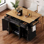 54 Grand îlot de cuisine avec plateau rabattable en bois d'hévéa, chariot de cuisine roulant à texture gaufrée sur 4 roues avec 4 portes et 3 tiroirs