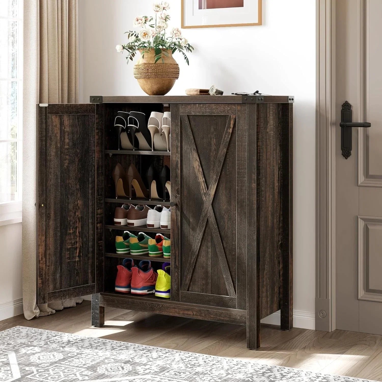 Meuble de rangement pour chaussures Moasis à 5 niveaux et 20 paires avec portes doubles pour entrée