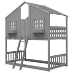 Lit superposé cabane jumeau sur jumeau avec toit, fenêtre, jardinière, porte, barrières de sécurité et échelle, gris
