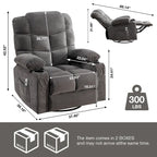 Fauteuil inclinable gris surdimensionné avec fonctions de chauffage et de massage, inclinaison à 150°, bascule à 30°, port USB pour la recharge et 2 porte-gobelets