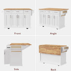 Grand îlot de cuisine avec rabat en bois, desserte de cuisine roulante texturée en relief avec portes et tiroirs avec rangement pour la cuisine, blanc