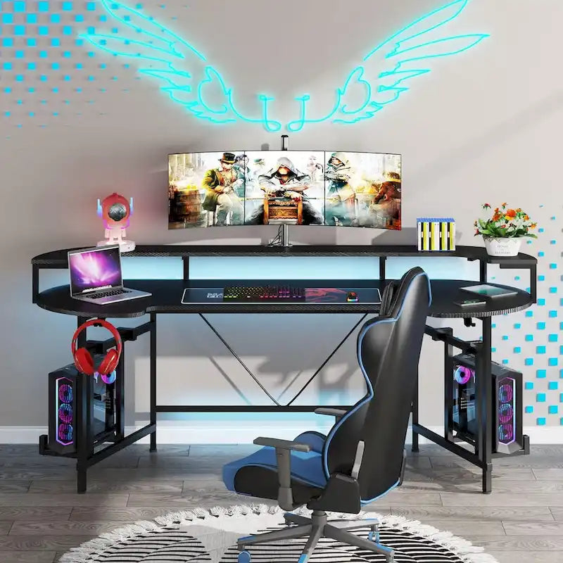 Bureau de gaming avec étagère pour moniteur, bureau d'ordinateur de 75 pouces avec bande LED