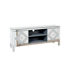 Meuble TV de 150 cm avec portes miroir en losange et rangement pour téléviseurs jusqu'à 65 pouces