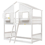Lit superposé cabane jumeau sur jumeau avec toit, fenêtre, jardinière, porte, barrières de sécurité et échelle, gris