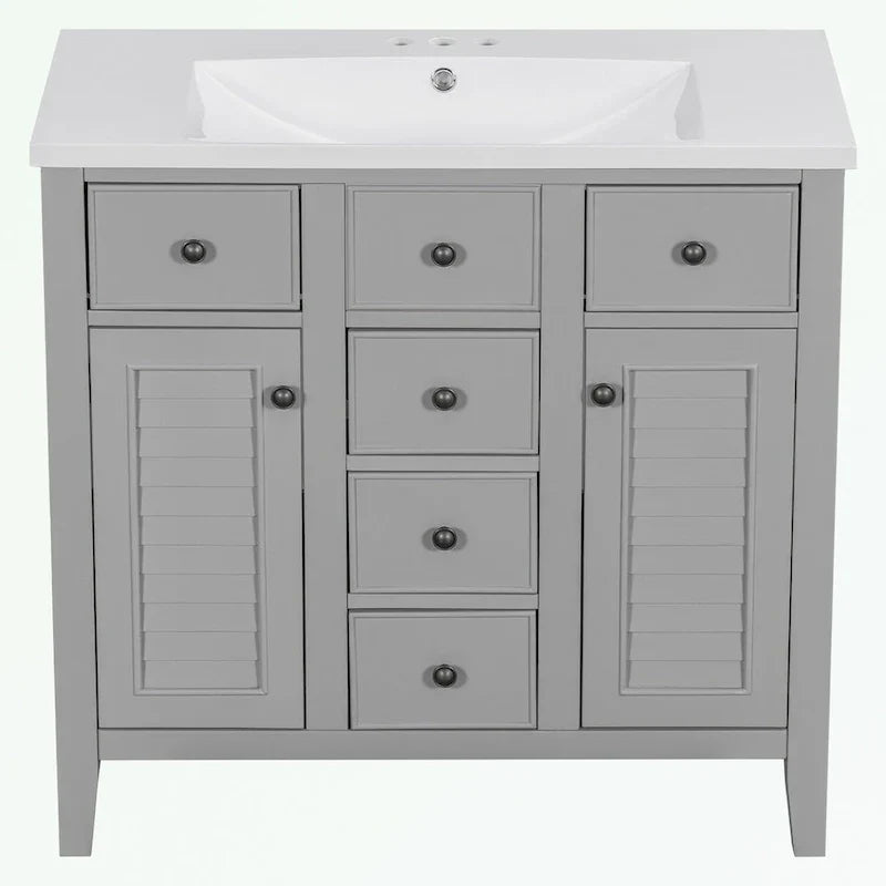 Meuble-lavabo avec vasque en céramique, deux placards et cinq tiroirs