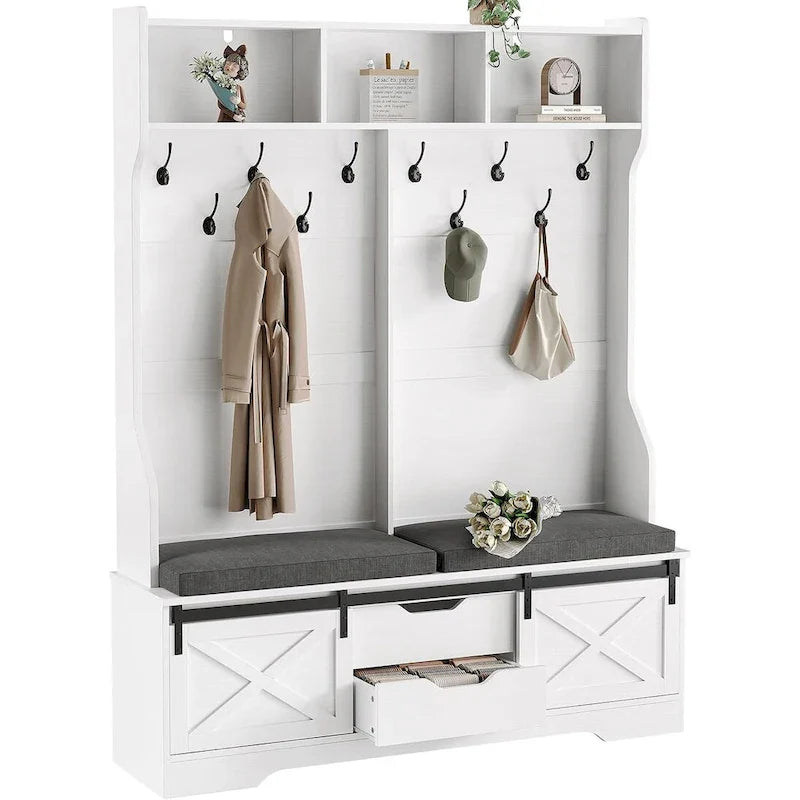 Meuble d'entrée avec banc, rangement à chaussures et patères porte-manteaux, style porte de grange