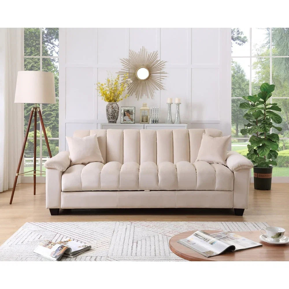 Canapé convertible de salon en tissu matelassé avec dossier cannelé