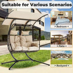 Balancelle extérieure à deux places avec support, chaise suspendue pliable, coussin de hamac et auvent, chaise double en forme d'œuf - Beige