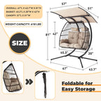 Balancelle extérieure à deux places avec support, chaise suspendue pliable, coussin de hamac et auvent, chaise double en forme d'œuf - Beige