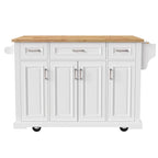 Grand îlot de cuisine avec rabat en bois, desserte de cuisine roulante texturée en relief avec portes et tiroirs avec rangement pour la cuisine, blanc