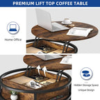 Table basse ronde relevable Moasis Farmhouse avec rangement dissimulé et étagère