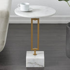 Table d'appoint géométrique en marbre avec support rectangulaire en métal doré - Blanc