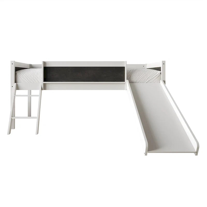 Lit mezzanine bas classique double CraftPorch avec tableau noir, toboggan et échelle