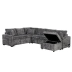 Canapé d'angle en chenille convertible, canapé-lit en forme de L avec pouf de rangement, 3 oreillers et dispositifs de charge