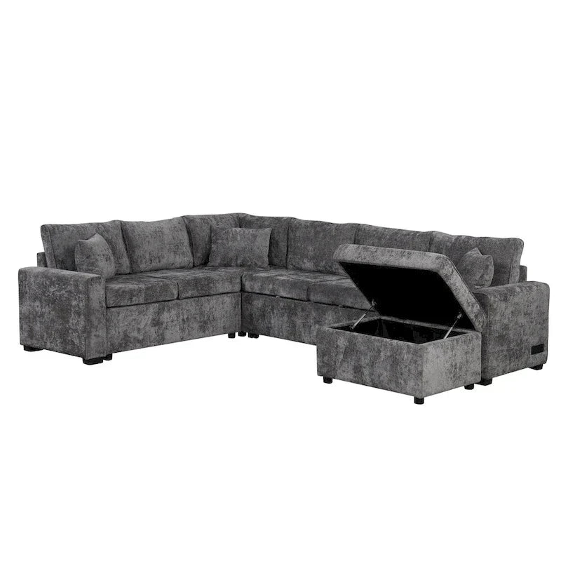 Canapé d'angle en chenille convertible, canapé-lit en forme de L avec pouf de rangement, 3 oreillers et dispositifs de charge
