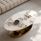 Table basse ovale moderne Pandora 51 avec plateau en pierre frittée brillante, table basse de luxe, pieds en acier inoxydable pour salon