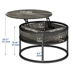 Table basse ronde relevable Moasis Farmhouse avec rangement dissimulé et étagère