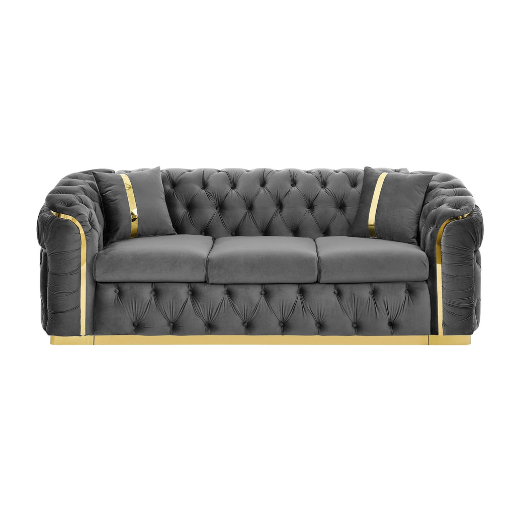 Canapé 3 places Velvet 90,6 po avec 2 oreillers, coussins haute densité, accents dorés et oreillers