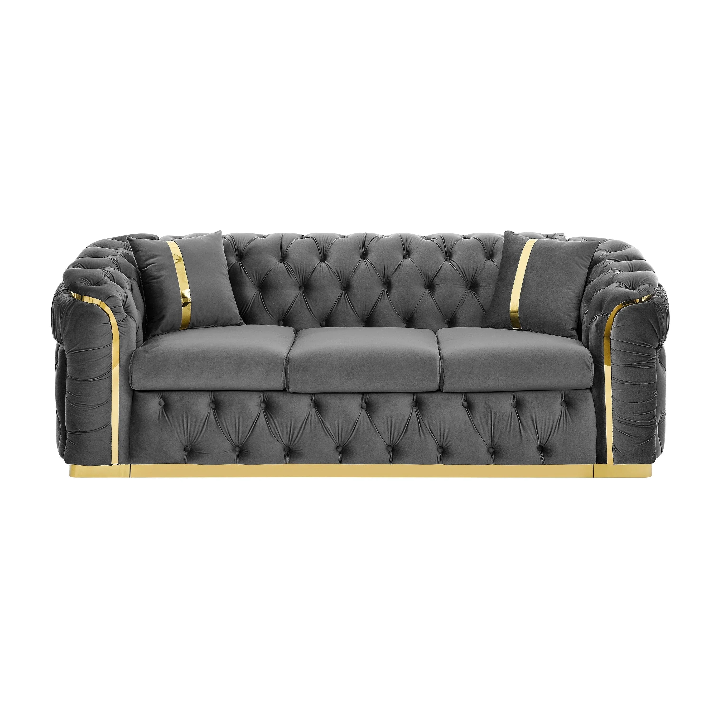 Canapé 3 places Velvet 90,6 po avec 2 oreillers, coussins haute densité, accents dorés et oreillers