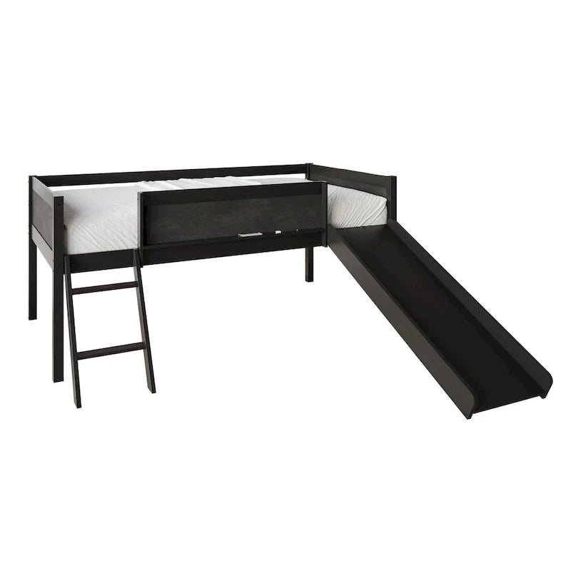 Lit mezzanine bas classique double CraftPorch avec tableau noir, toboggan et échelle