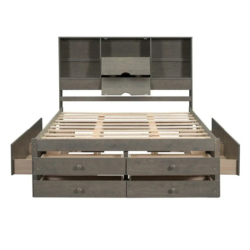 Lit plateforme King Size avec tête de lit de rangement et 8 tiroirs