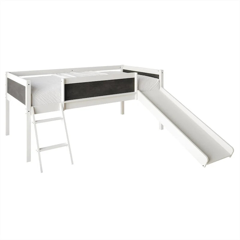 Lit mezzanine bas classique double CraftPorch avec tableau noir, toboggan et échelle