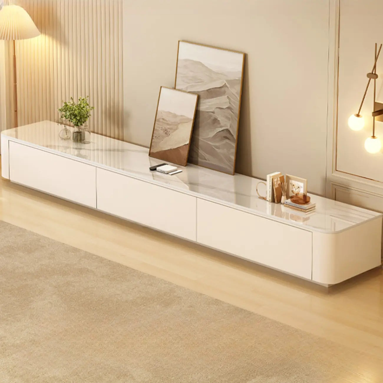 Meuble TV moderne en bois avec tiroirs et gestion des câbles