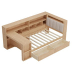 Canapé-lit d'angle en bois en forme de L avec bureau, bibliothèque, lit d'angle avec tiroirs de rangement, tête de lit rembourrée et éclairage intégré