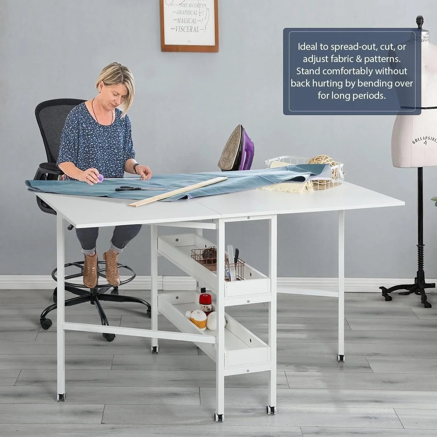 Table artisanale réglable en hauteur avec étagères de rangement, table de coupe pliante mobile pour bureau à domicile, salle de couture, salle d'artisanat